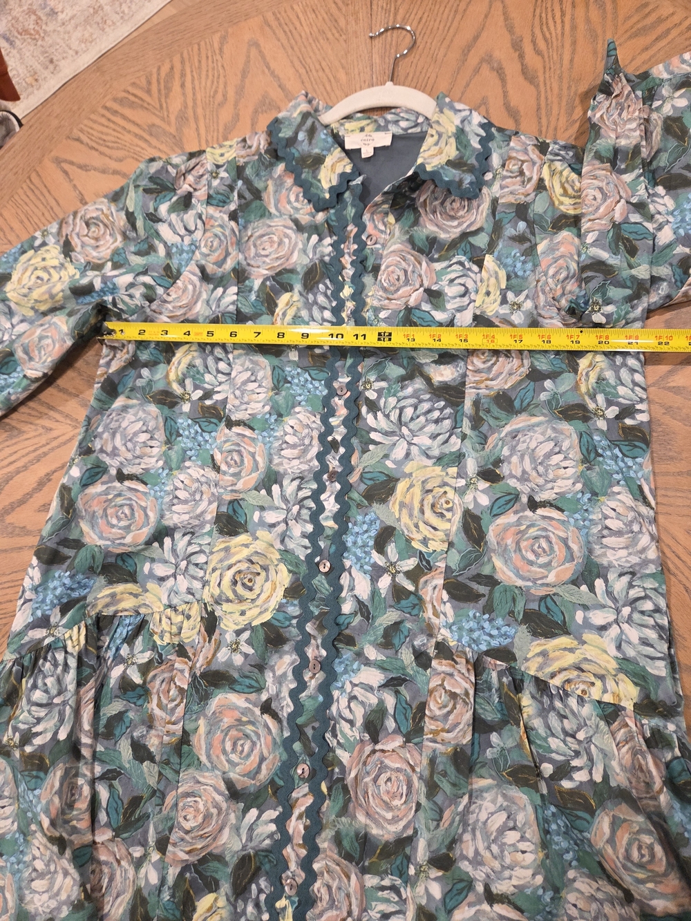Entro Teal Green Floral Ric-Rac Scallop Mini Dress Cotton Pockets Size M - Picture 6 of 10